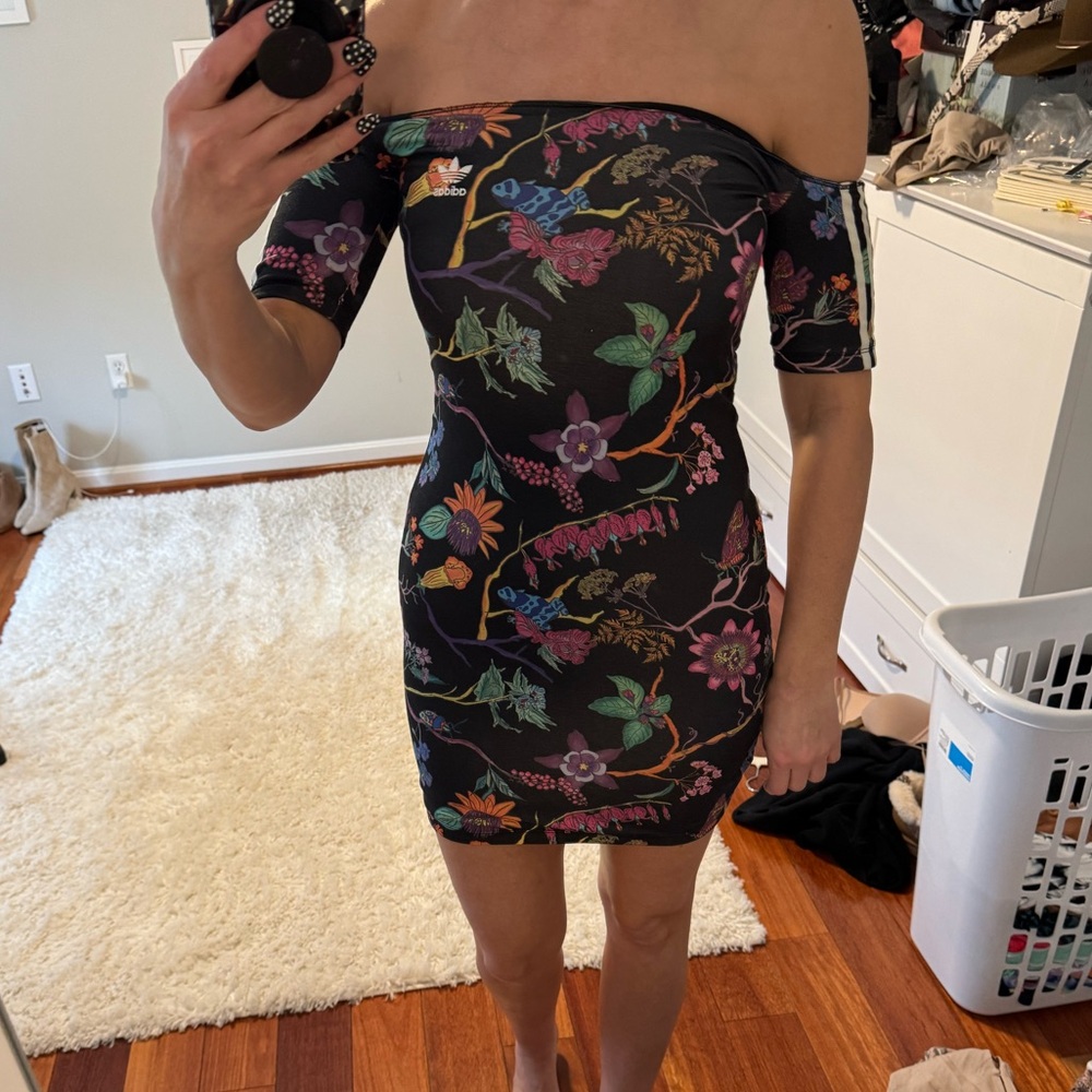 Adidas Reversible Floral/ Black Off- Shoulder Dress